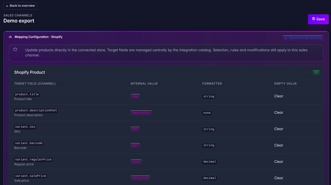 Shopify verkoop kanaal - Mapping